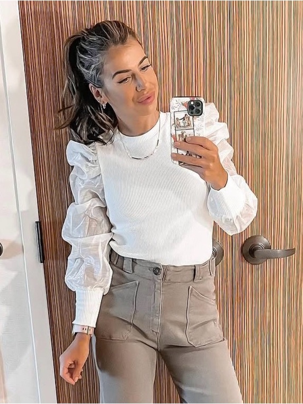 Anthropologie White Puff-Sleeve Ribbed Knit Top
